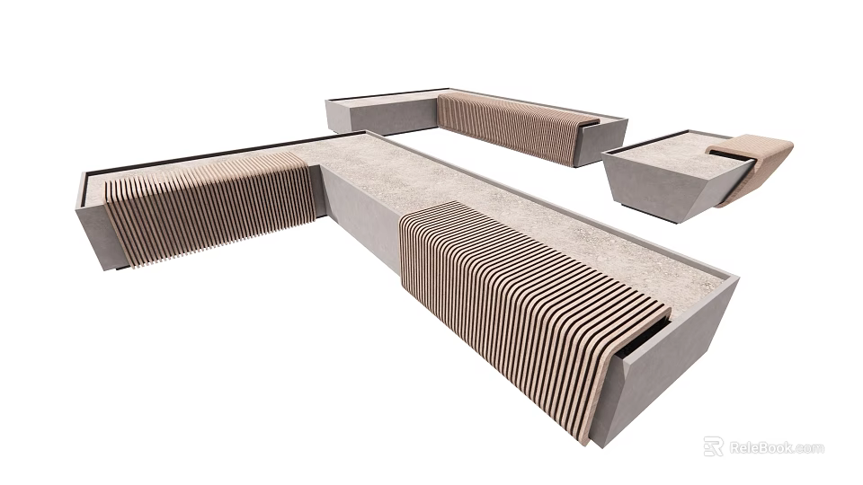Modern Outdoor Chairs With Concrete Frame And Wooden Slats For Garden Seating 3d model 