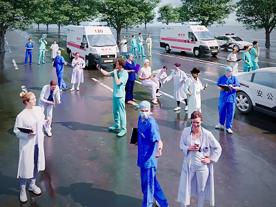 Many Healthcare Workers At Road With Ambulances And Police Car 3d model