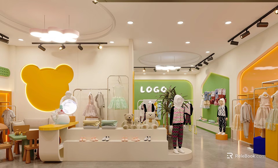 Bright Kids Clothing Store Interior With Fashion Apparel Display Racks And Decorative Lights 3d model 