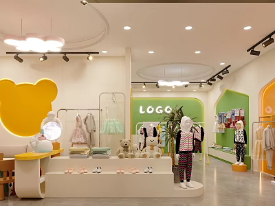Bright Kids Clothing Store Interior With Fashion Apparel Display Racks And Decorative Lights 3d model