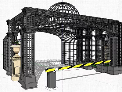 Wrought Iron Entrance Gate With Dome Structure And Yellow Black Barrier 3d model