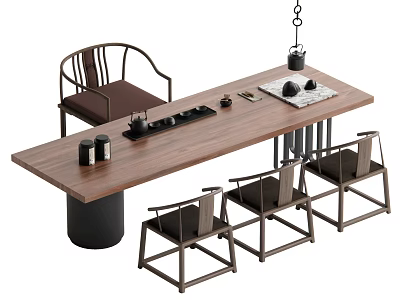 Modern Minimalist Wooden Tea Table With Four Backrest Chairs And Tea Set 3d model