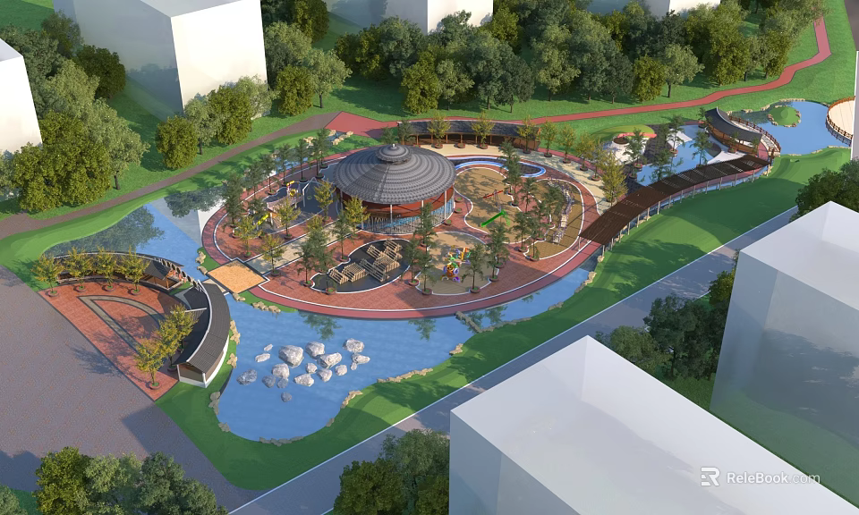 Children's Play Area With Green Trees Water Feature Circular Pavilion And Safe Play Structures 3d model 