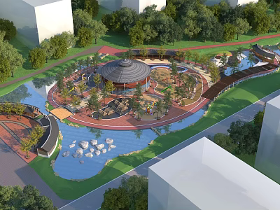 Children's Play Area With Green Trees Water Feature Circular Pavilion And Safe Play Structures 3d model