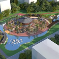 Children's Play Area With Green Trees Water Feature Circular Pavilion And Safe Play Structures
