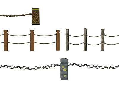 Various Fence Designs With Wooden Metal Posts Rope And Chain 3d model