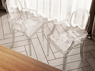 Modern Transparent Leisure Chairs On Herringbone Wooden Floor With White Curtains 3d model