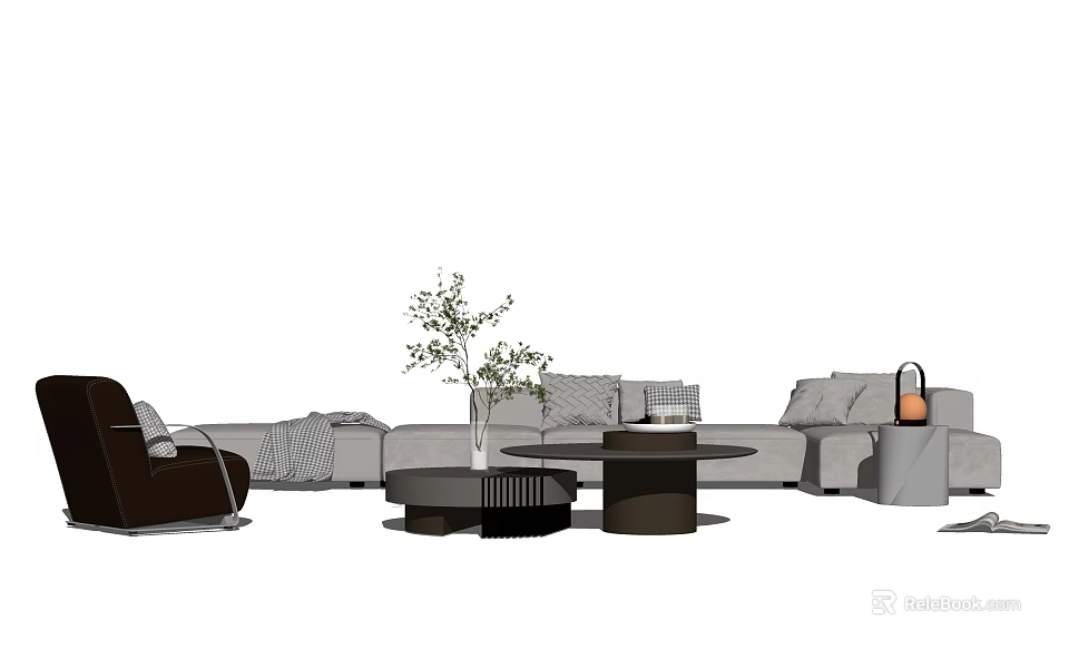 Modern Sofa and Coffee Table Combination with Decorative Plant and Throw Pillows 3d model