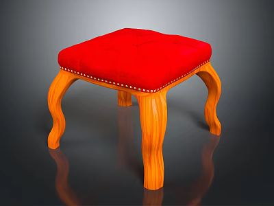 Wooden Stool With Red Padded Seat Curved Legs And Rivet Details Design 3d model