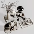 Decorative Ornament Set With Vases Branches Ceramic Sculptures Glass Cups Metal Containers And Stacked Books