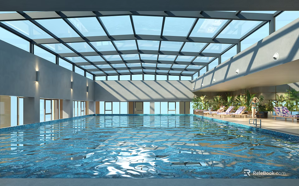 Indoor Swimming Pool Area With Glass Roof Lounge Chairs And Plants 3d model 