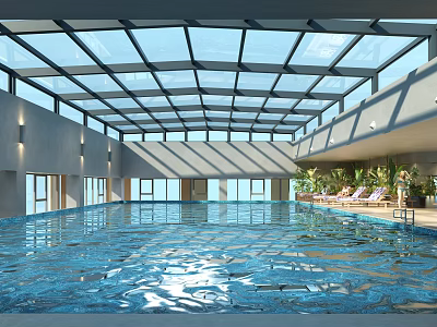 Indoor Swimming Pool Area With Glass Roof Lounge Chairs And Plants 3d model
