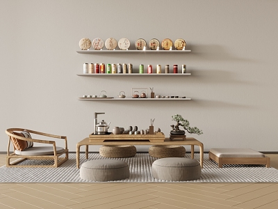 Japanese Tea Table and Chair Tatami Tea Table and Chair Combination Futon Cushion Tea Set Tea 3d model