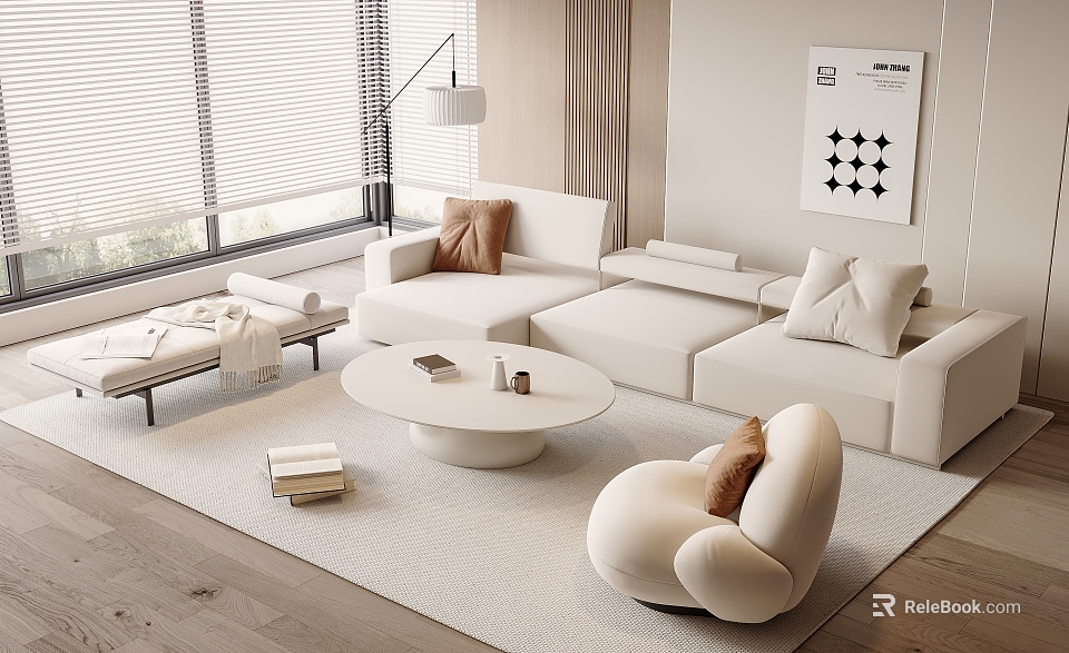 Modern Elegant White L Shaped Sofa Coffee Table Set With Round Table And Accent Chair 3d model 