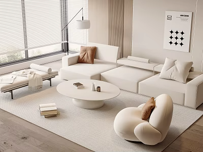 Modern Elegant White L Shaped Sofa Coffee Table Set With Round Table And Accent Chair 3d model