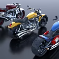 Three Stylish Custom Motorcycles in Blue Yellow and Red on Shiny Black Surface