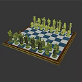 Classic Blue And White Checkered Chessboard With Black White Chess Pieces On Wooden Frame