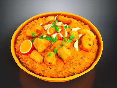 Delicious Chicken And Rice Dish In Yellow Bowl With Boiled Egg And Coriander 3d model