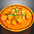 Delicious Chicken And Rice Dish In Yellow Bowl With Boiled Egg And Coriander
