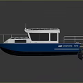Modern White and Blue Recreational Boat with Open Deck Railing Solar Panels and Cabin Windows
