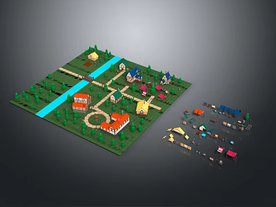 Model Scenery With Green Grass Blue Waterway Colorful Houses Trees And Small Paths 3d model