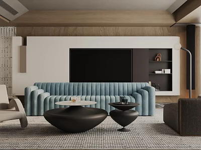 Modern Living Room Interior With Blue Tufted Sofa Black Coffee Tables And TV Wall Unit 3d model