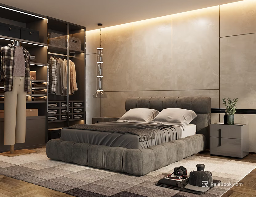 Elegant Modern Bedroom Interior With Plush Gray Bed Open Wardrobe And Stone Wall 3d model 