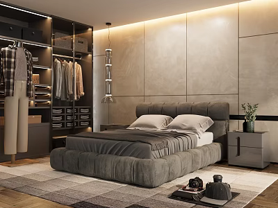 Elegant Modern Bedroom Interior With Plush Gray Bed Open Wardrobe And Stone Wall 3d model