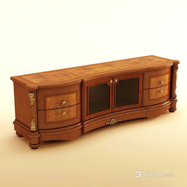 Classic Wooden TV Stand With Carved Details Drawers And Glass Doors 3d model 