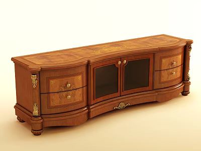 Classic Wooden TV Stand With Carved Details Drawers And Glass Doors 3d model