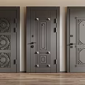 Three Black Hinged Doors Featuring Intricate Carved Designs In Modern Interior Spaces