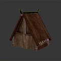Traditional Small Wooden Building With Red Sloped Roof And Eave Decorations
