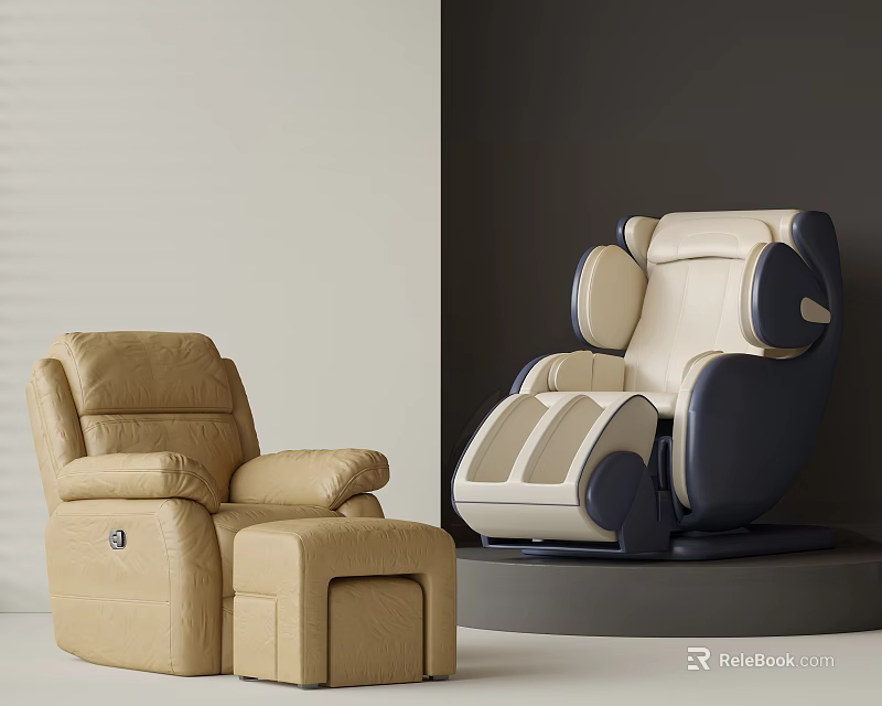 Modern Comfortable Massage Chairs In Beige And Navy White With Ottoman 3d model 