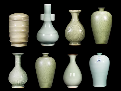 Traditional Ceramic Vessels With Various Carved Patterns And Decorative Shapes 3d model
