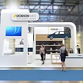 Modern POWERWINS Exhibition Booth With White Blue Design Display Screen And Seating Area