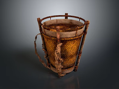 Handcrafted Bamboo Woven Bucket With Metal Frame And Handle For Home Storage 3d model