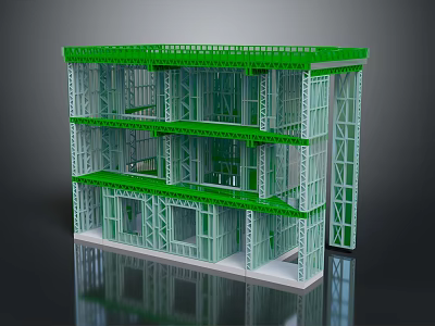 Multi Layer Green Frame Furniture Structure With Window Panels And Shelves 3d model