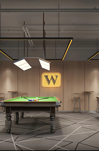 Elegant Billiard Room Interior with Multiple Pool Tables Hanging Lights and Stylish Flooring 3d model