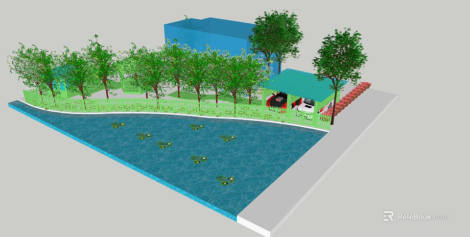 Courtyard Garden Design With Blue Pool Green Lily Pads Trees And Red Umbrella White Chairs 3d model 