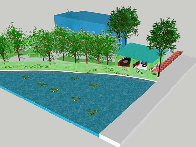 Courtyard Garden Design With Blue Pool Green Lily Pads Trees And Red Umbrella White Chairs 3d model