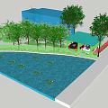 Courtyard Garden Design With Blue Pool Green Lily Pads Trees And Red Umbrella White Chairs