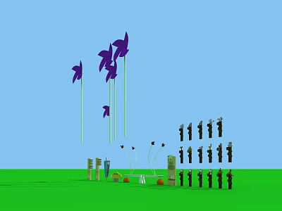 Playground Scene With Purple Windmills Green Turf And Black Figure Decorations 3d model