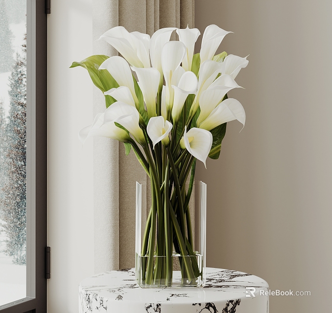Transparent Glass Vase With White Calla Lilies On Table By Window With Natural Light 3d model 