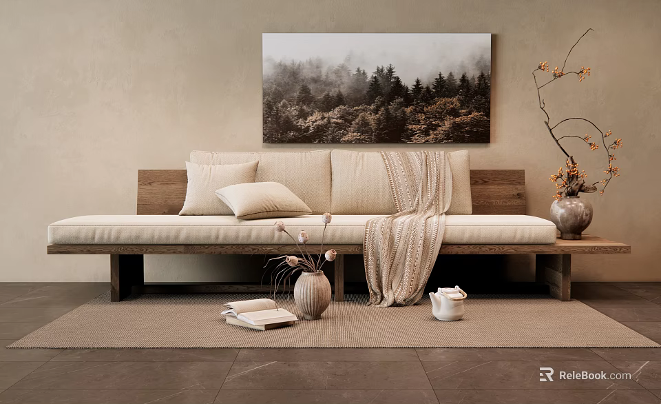 Minimalist Living Room Interior With Two Seater Sofa Pillows Blanket And Wall Painting 3d model 