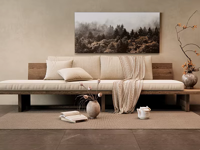Minimalist Living Room Interior With Two Seater Sofa Pillows Blanket And Wall Painting 3d model