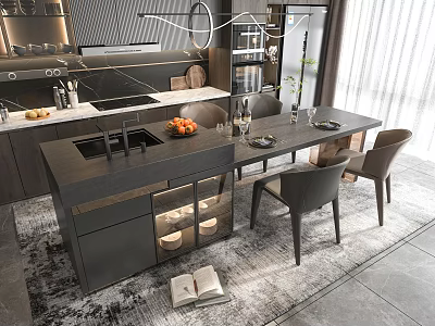 Modern Dining Table Set With Island Counter Chairs And Oranges In Kitchen Area 3d model