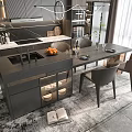 Modern Dining Table Set With Island Counter Chairs And Oranges In Kitchen Area