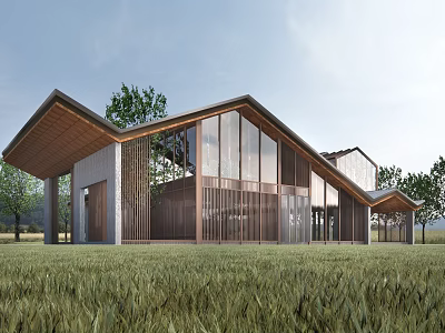 Modern Single Family House With Large Glass Windows Wooden Structure Green Grass And Trees 3d model