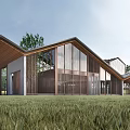 Modern Single Family House With Large Glass Windows Wooden Structure Green Grass And Trees