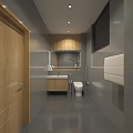 Public Restroom Interior With Wooden Stall Doors Tiled Walls Mirror And Double Sink